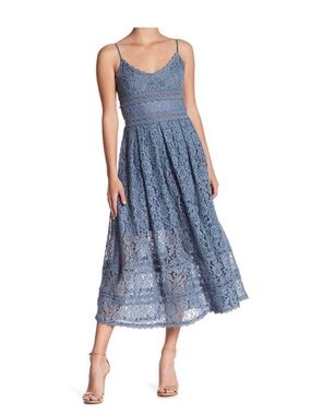 NSR Dusty Blue Lace Midi Dress with Spaghetti Straps